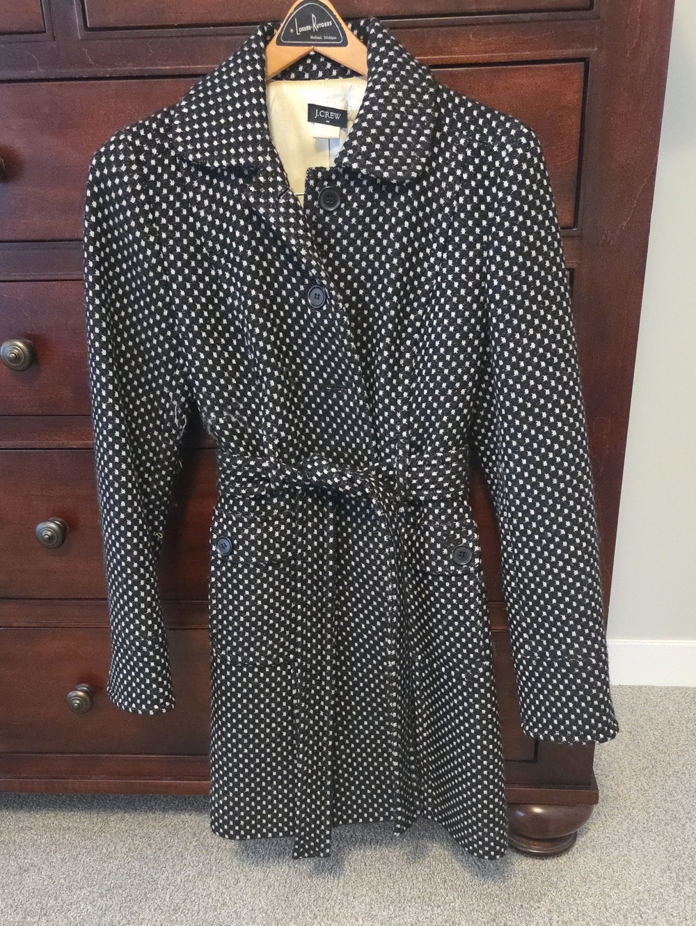 J. Crew Black and White Polka Dot Belted Coat Dress